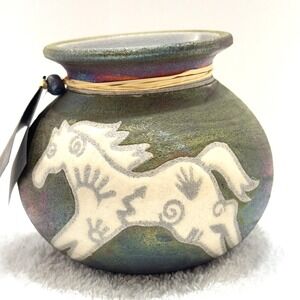 Jeremy Diller Raku Studio Art Pottery Small Vase Running Horse 5" Purple Green
